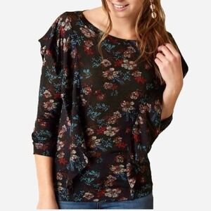 Free People Black Floral Blouse with ruffle overlay size XS Dock Street Top